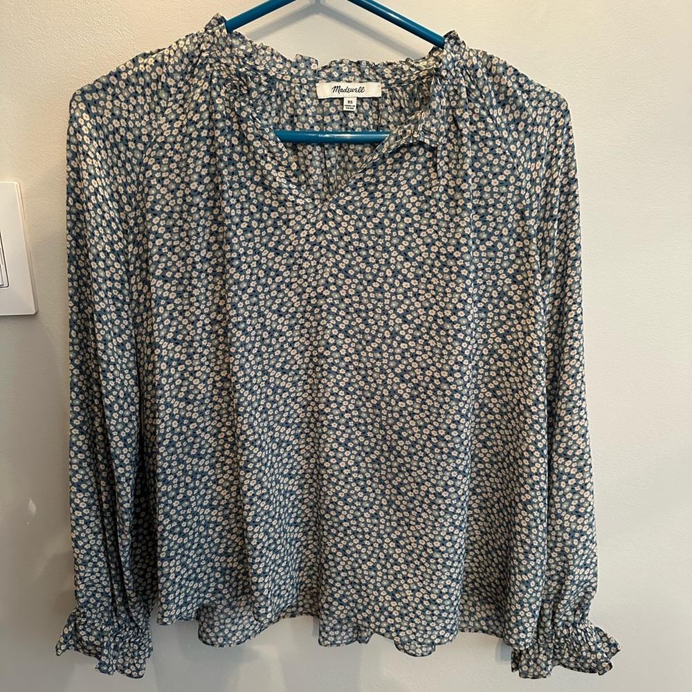 Madewell Silk Poet Blouse in blue floral XS